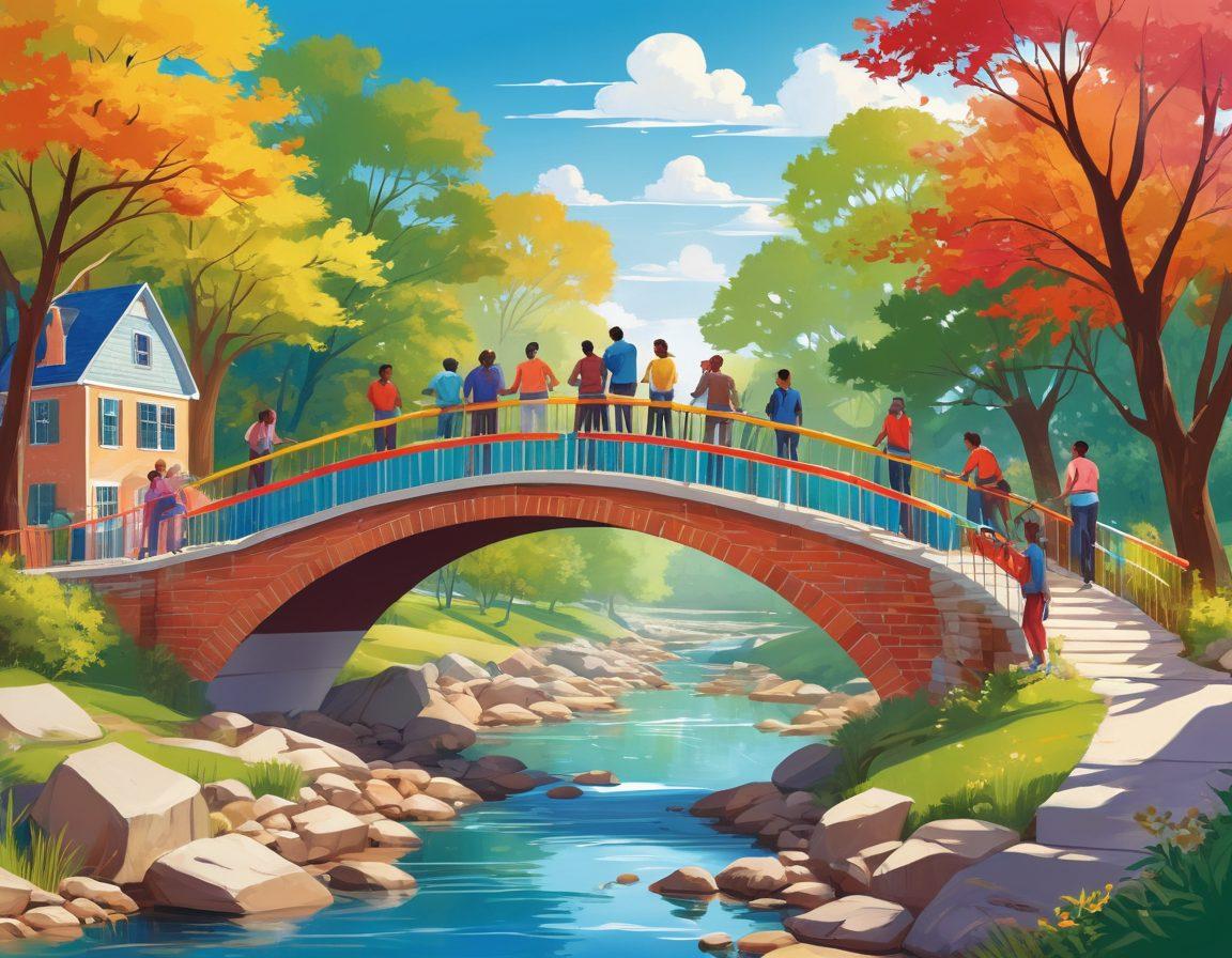 A vibrant illustration of a diverse group of people collaborating to build a colorful bridge over a river, symbolizing teamwork in Georgia's neighborhoods. Include natural elements like trees and houses in the background to represent community, along with blue skies and cheerful sunlight. The scene should convey unity and cooperation, showcasing individuals of various ages and backgrounds working together. vector art. vibrant colors. cheerful atmosphere.
