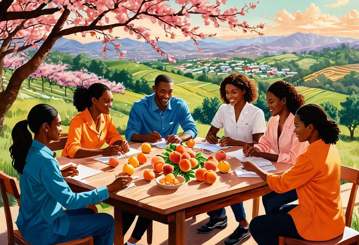 A vibrant illustration of a diverse group of team members collaborating around a table filled with peach blossoms and fruits, symbolizing growth and connection. Include elements of Georgia's landscape in the background, with rolling hills and sunshine to represent the Peach State. Emphasize teamwork through body language and engaged expressions. Digital art style with warm tones and inviting details. super-realistic. vibrant colors.