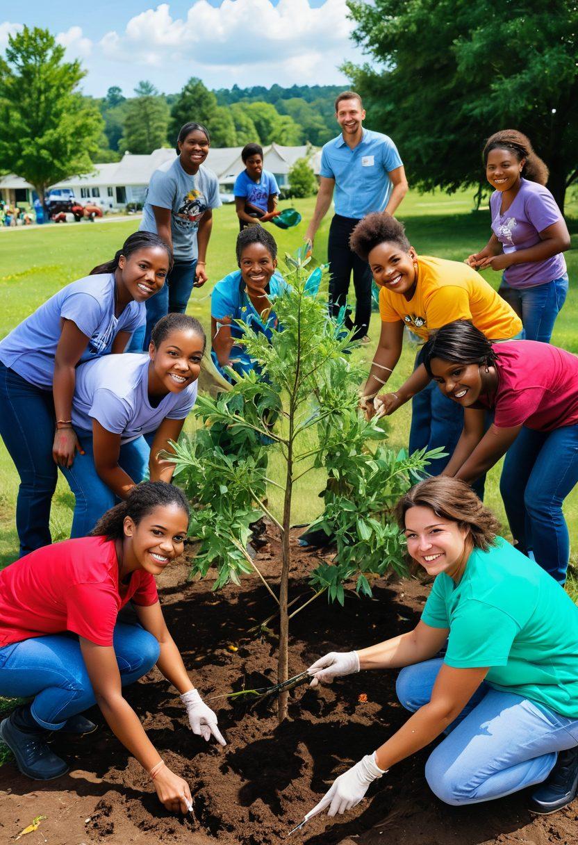 A diverse group of people working together on a community project in a vibrant Georgia setting, showcasing teamwork through activities like planting trees and painting murals. In the background, the iconic Georgia landscape with rolling hills and community buildings reflects unity and progress. The individuals should represent different ages, ethnicities, and backgrounds, smiling and collaborating, symbolizing strong connections. bright colors. super-realistic.